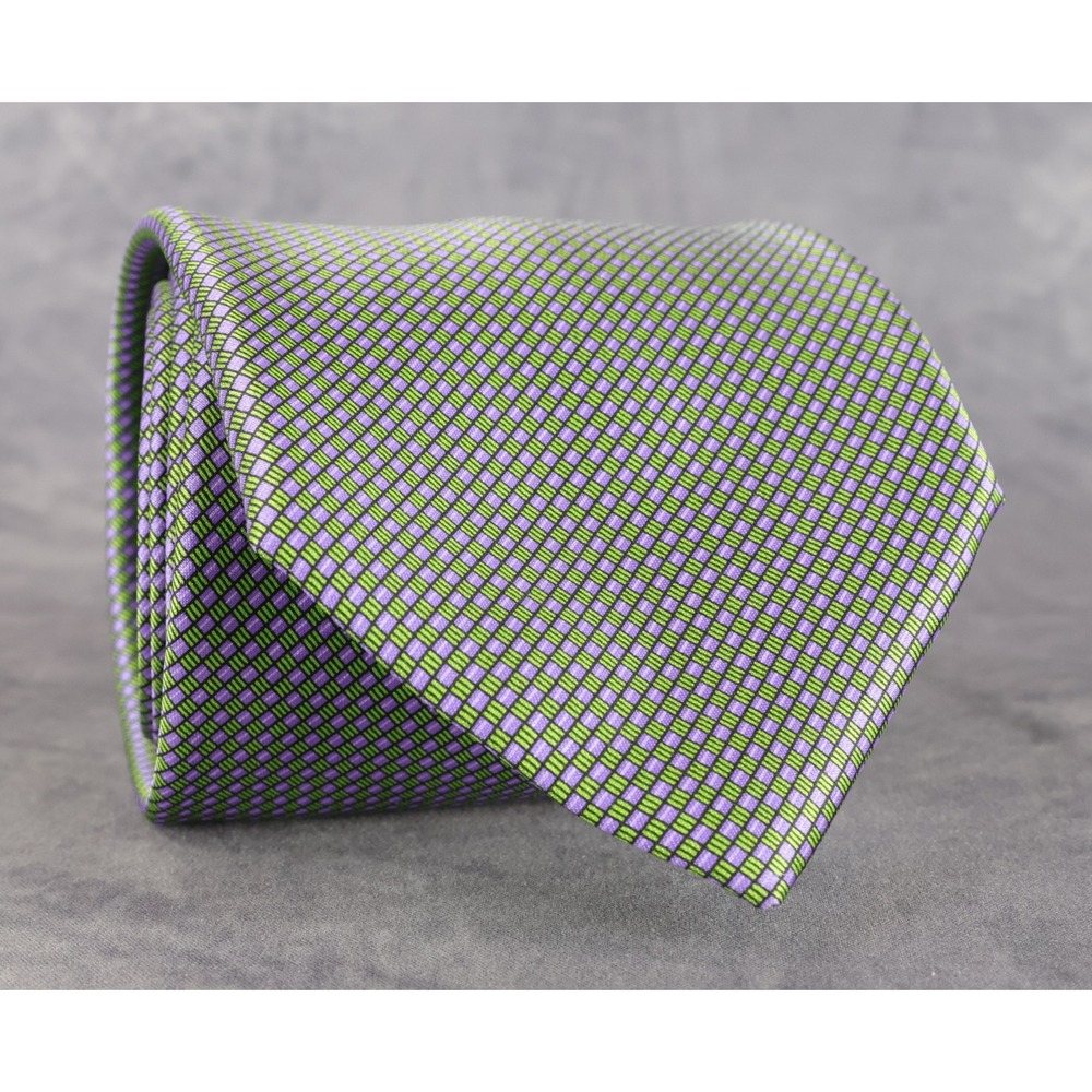 David August Silk Neck Tie Green Purple Geometric Micro Check Luxury Italy Satin
